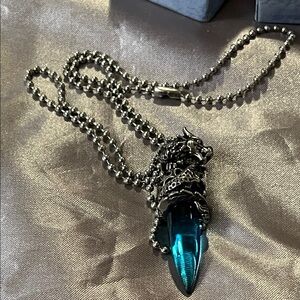Men's Silver Dragon Pendant Necklace with Teal Blue Crystal